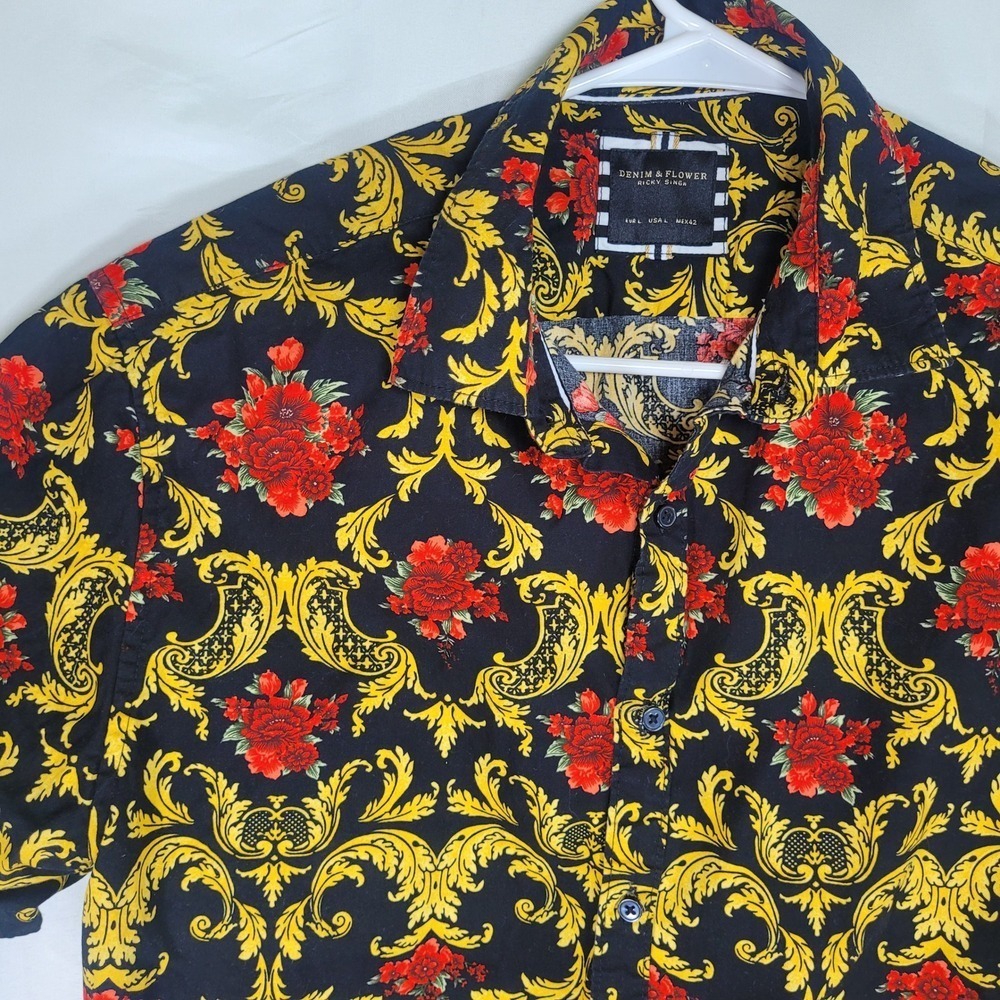 Denim and Flower Ricky Singh Mens Button Front Shirt L Short Sleeve 100% Cotton